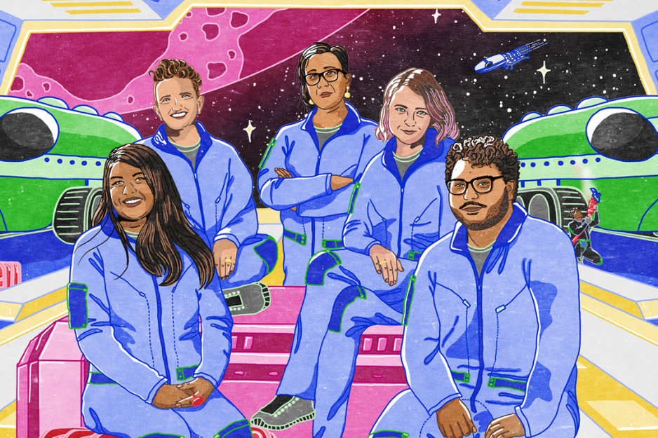 An illustration of the authors of Imagining the Future. They've been imagined in a space setting. They're wearing blue spacesuits, sitting on red storage boxes, in a transport bay of a giant spaceship with green spacecraft behind them. 