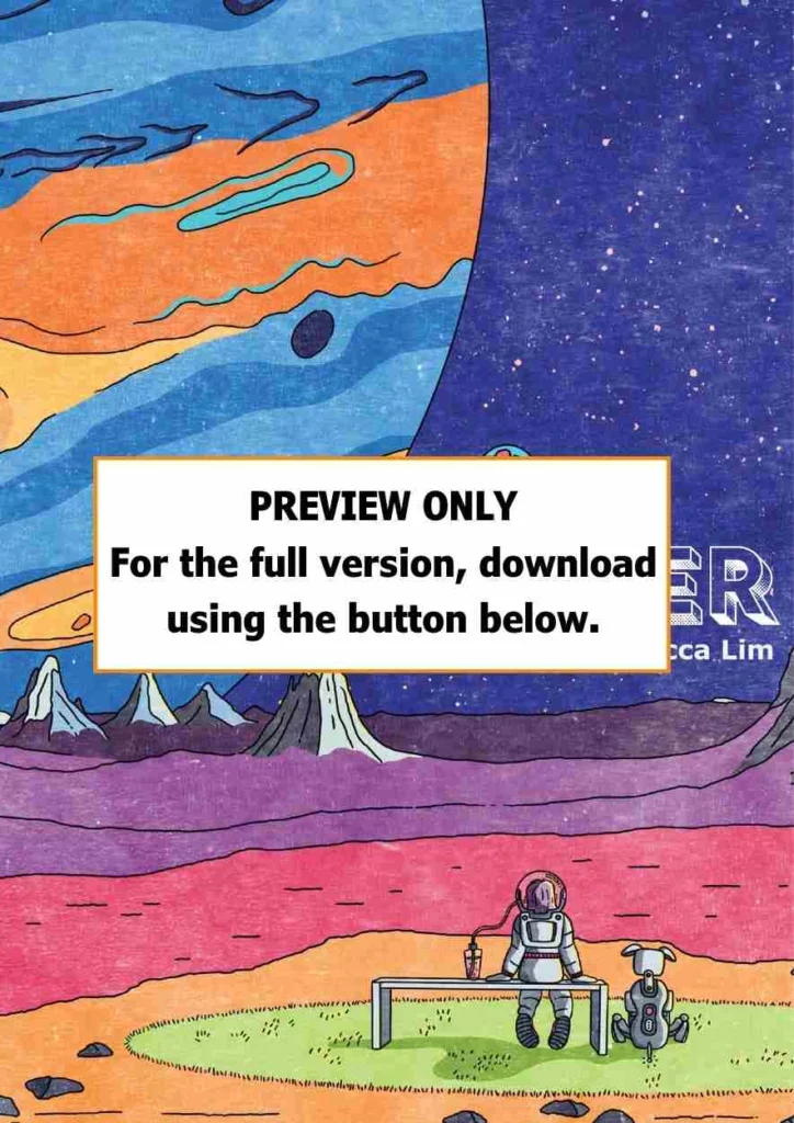 PREVIEW ONLY. For the full version, download using the button below. An orange and blue planet in the background and a space traveller and a dog watching the planet.