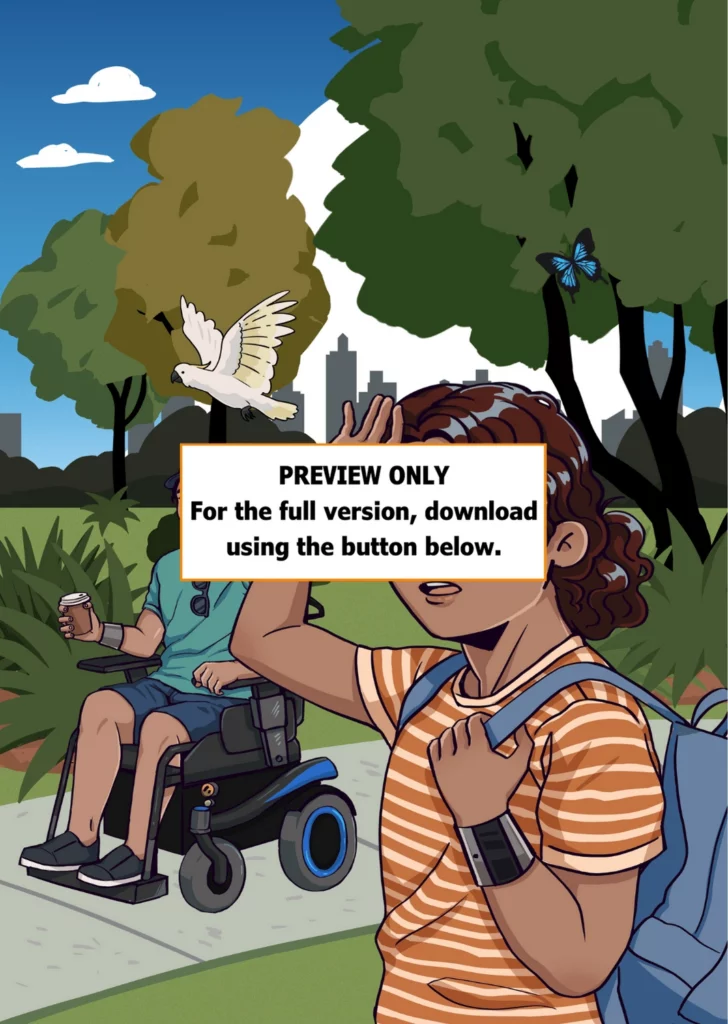 PREVIEW ONLY. A teenage girl with a backpack stands with one hand on her forehead. A man in a wheelchair is behind her.