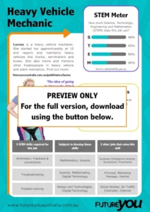 A preview image of a teaching resource for a heavy vehicle mechanic. It says PREVIEW ONLY. For the full version, download using the button below.