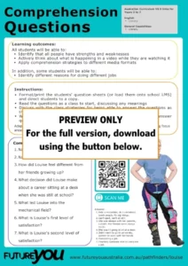 A preview image of a teaching resource for comprehension questions on being a vehicle mechanic. It says PREVIEW ONLY. For the full version, download using the button below.