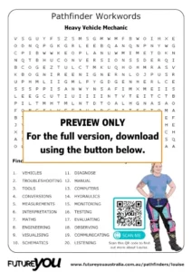 A preview image for a word-search on being a heavy vehicle mechanic. It says PREVIEW ONLY. For the full version, download using the button below.