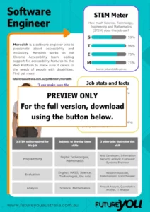 A preview image of adults career info sheet on being a software engineer. It says PREVIEW ONLY. For the full version, download using the button below.