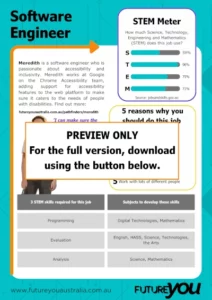 A preview image of a kids career info sheet teaching resource for being a software engineer. It says PREVIEW ONLY. For the full version, download using the button below.
