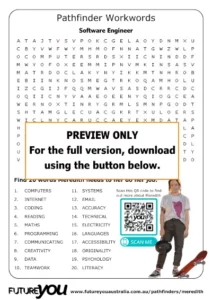 A preview image of a software engineer word-search. It says PREVIEW ONLY. For the full version, download using the button below.