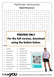 A preview image of a word-search activity on being a digital entrepreneur. It says PREVIEW ONLY. For the full version, download using the button below.