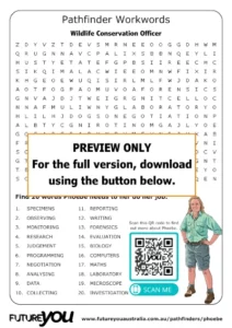 A preview image of a wildlife conservation officer word-search. It says PREVIEW ONLY. For the full version, download using the button below.