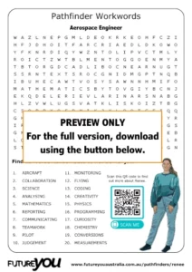 A preview image of an aerospace engineer word-search sheet. It says PREVIEW ONLY. For the full version, download using the button below.