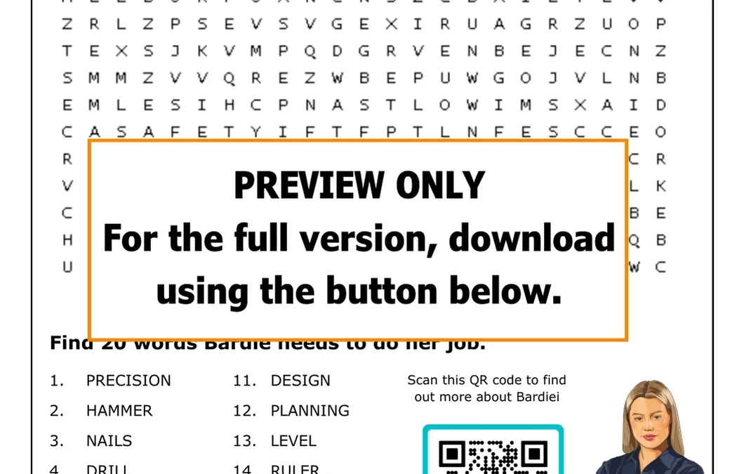 PREVIEW ONLY. For the full version, download using the button below. Bardie's word search sheet thumbnail