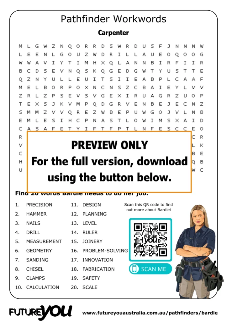 PREVIEW ONLY. For the full version, download using the button below. Bardie's word search sheet thumbnail