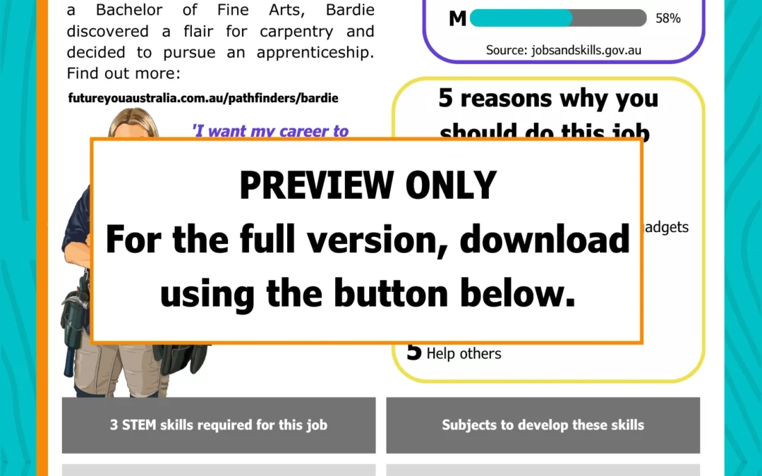 PREVIEW ONLY. For the full version, download using the button below. Bardie's kids career info sheet.