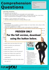 PREVIEW ONLY. For the full version, download using the button below. Thumbnail for Lisa's comprehensions questions sheet.