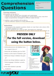 PREVIEW ONLY. For the full version, download using the button below. Thumbnail for Siobhan's comprehension questions sheet.