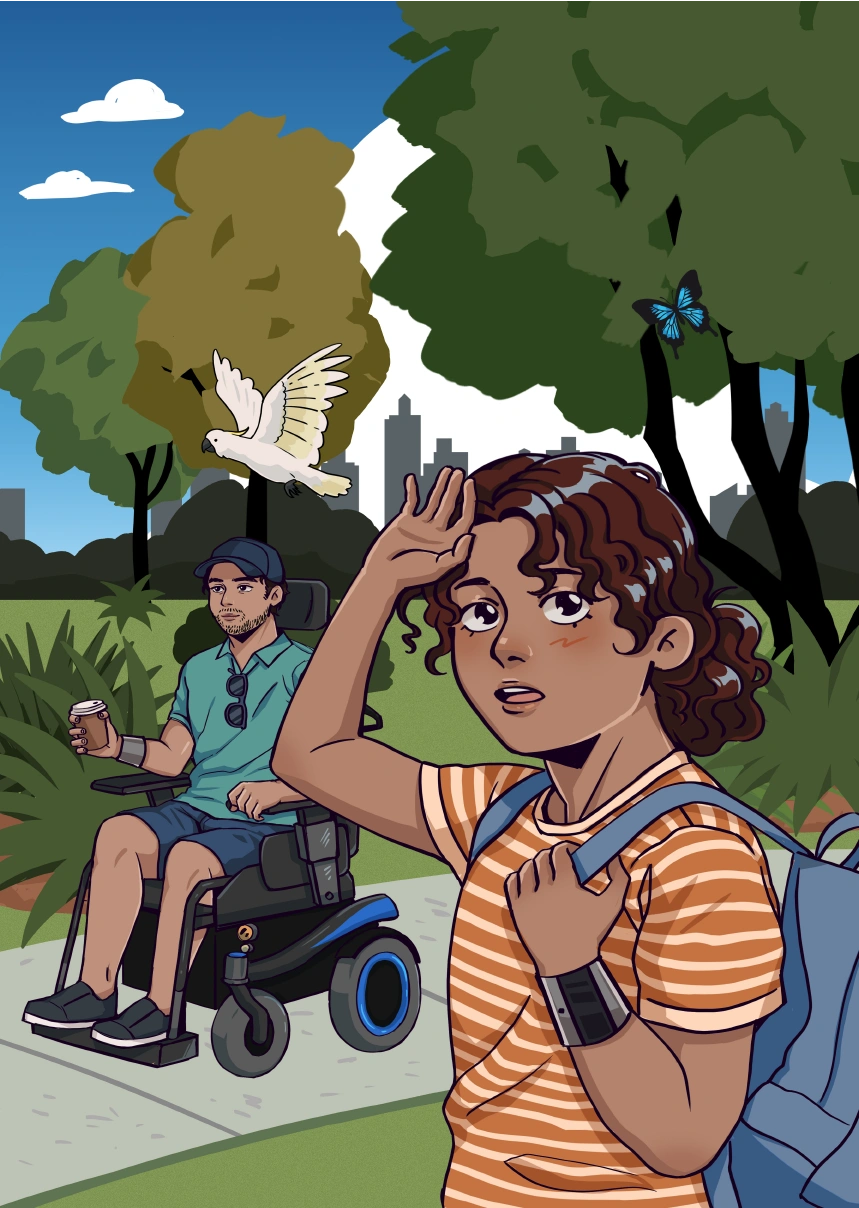 Earthbound A teenage girl with a backpack stands with one hand on her forehead. A man in a wheelchair is behind her.