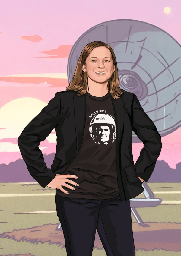 A cartoon version of Professor Lisa Harvey-Smith, standing in front of a giant satellite in the outback. She is wearing all black, with brown shoes, smiling in the image. 