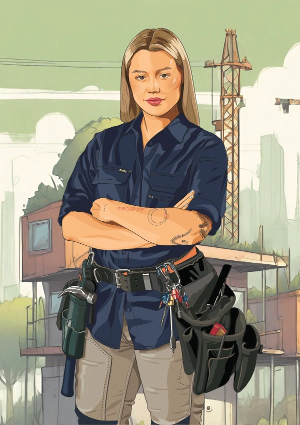 Portrait photo of Bardie Somerville. She's standing with her arms folded, and wearing a navy-blue shirt with pockets and beige trousers. She has a belt on with carpenter's tools.