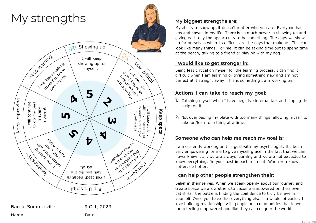 Bardie strengths wheel A strengths wheel for carpenter, Bardie Somerville.