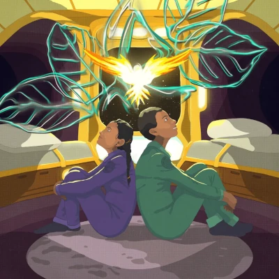 Two children in their pyjamas are sat on their bedroom floor with their backs to each other. They're both looking upwards at the outline of some leaves floating over their heads.