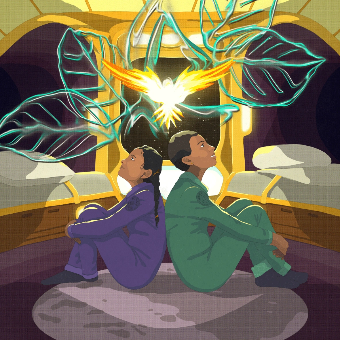 Two children in pyjamas looking up sit on their bedroom floor with their backs to each other. Above them is an outline of some leaves and a bright, shining golden bird with its wings spread.