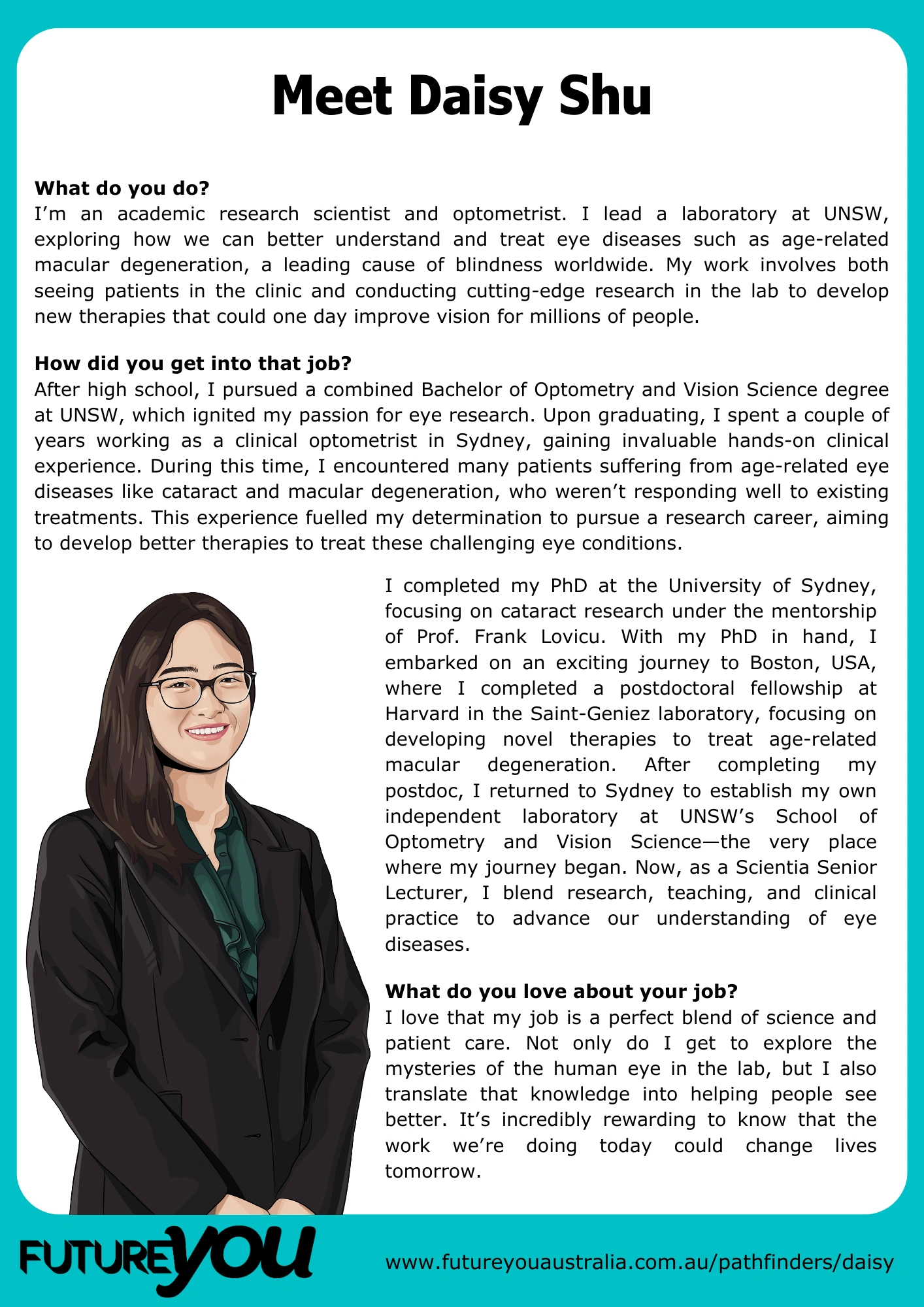 Meet Daisy Shu part 1 Text titled "Meet Daisy Shy". It asks what she does, how she became an optometrist and what she loves about her job.