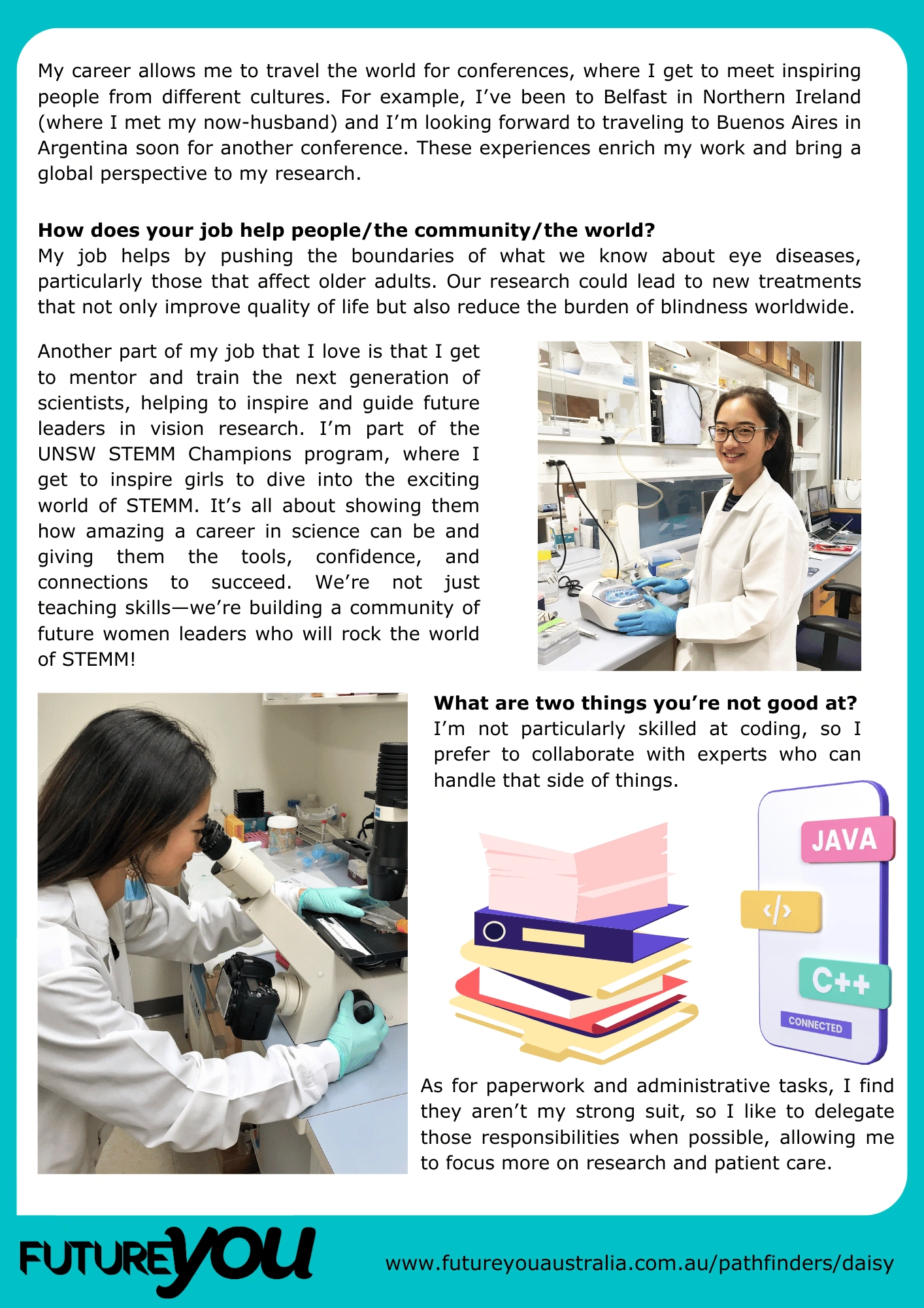 Meet Daisy Shu part 2 Part 2 of Meet Daisy Shu, There is more text about how her job helps the world. There are images of Daisy in a lab.