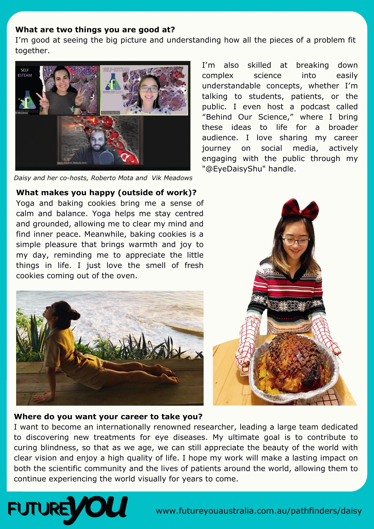 Meet Daisy Shu part 3 Part 3 of Meet Daisy Shu. There's text about what she's good at and images of her on a video call. Also an image of her doing a yoga pose laying on her front, and another image of her with a whole cooked chicken.