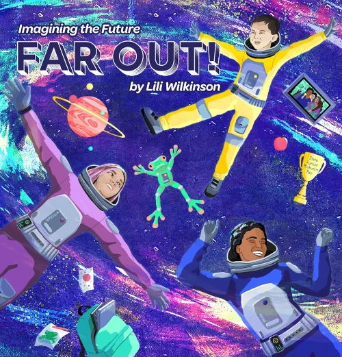  Three people in space suits are floating over a galaxy-like swirl.