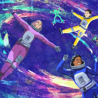 Thumbnail image for Far Out! short story. Three people in space suits are floating over a galaxy-like swirl.