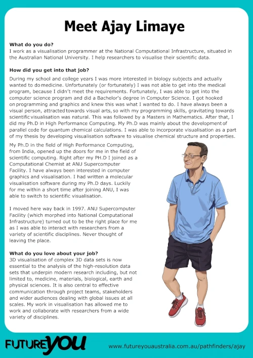 Meet Ajay part one Image of a document titled "Meet Ajay Limaye". There is text about Ajay's career pathway with a picture of him in shorts and a blue polo t-shirt.