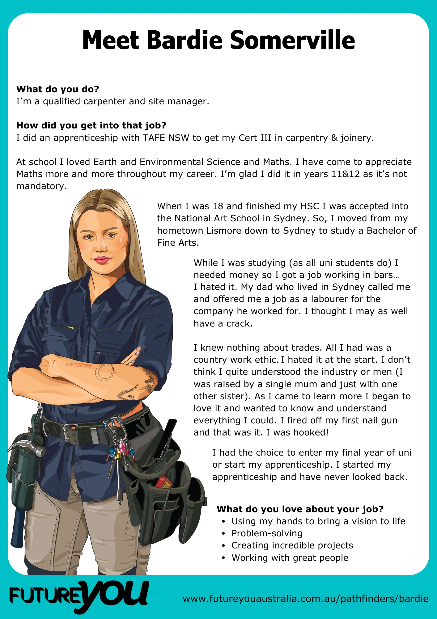 Meet Bardie text part 2 Meet Bardie text part 1. It has text about how she became a Carpenter and what she loves about her job. There is an image of her opposite the text.