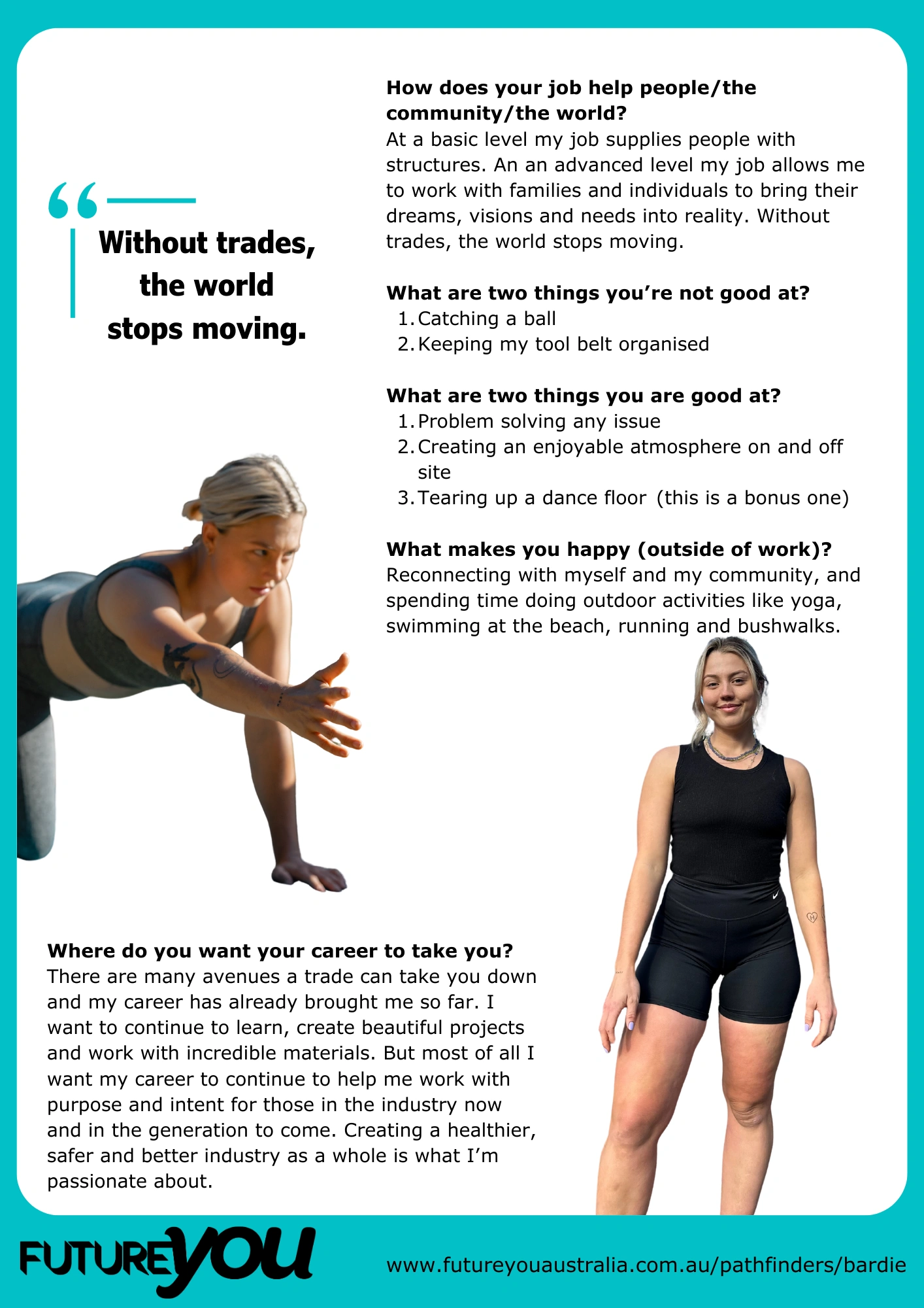 Meet Bardie text part 2 Meet Bardie text part 2. It has titles "how does your job help people/community/the world?", "What aren't you good at?", "what makes you happy (outside of work)?". There are images of her in sportswear.