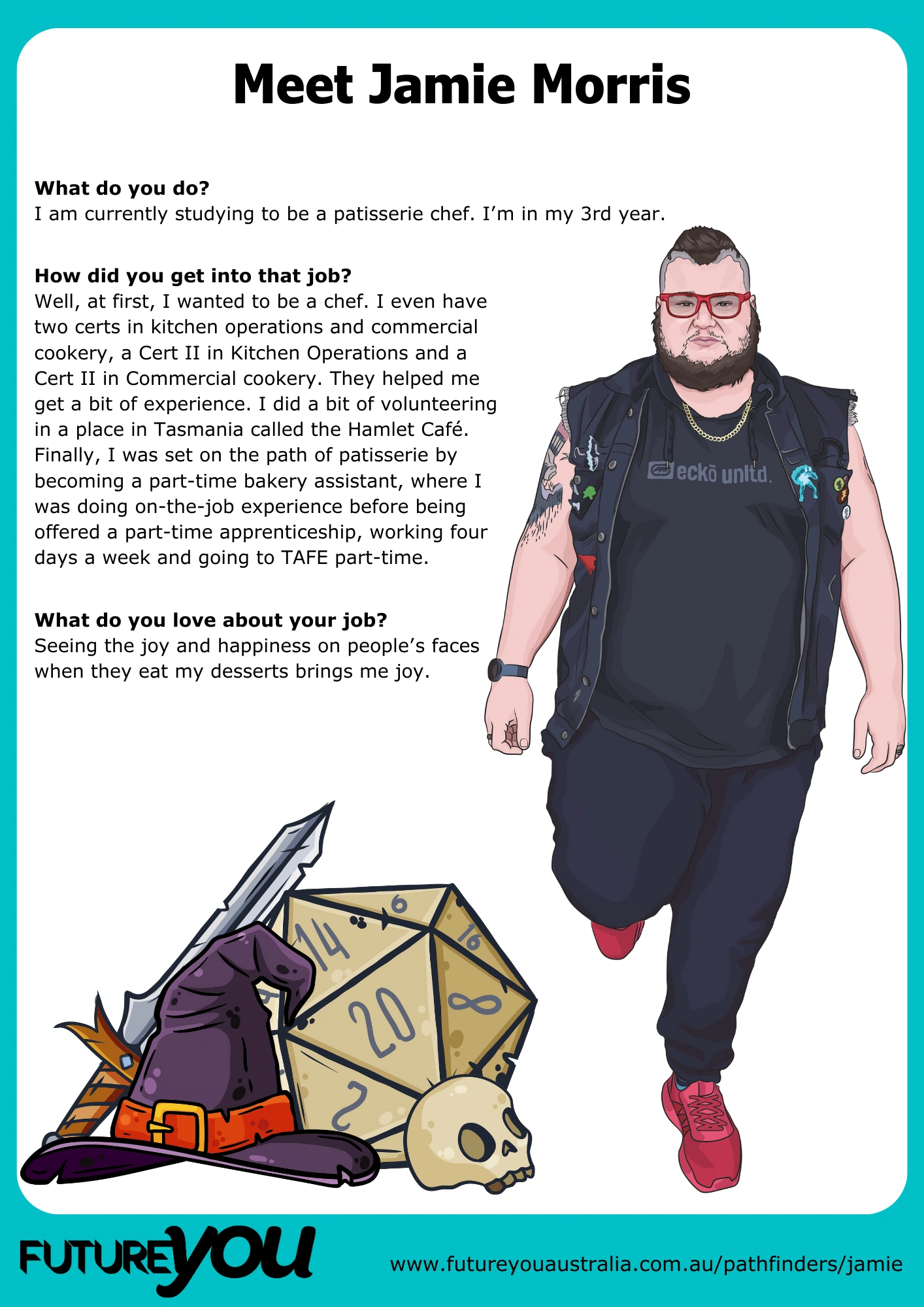 Meet Jamie part 1 Text titled "Meet Jamie Morris". The text is about how Jamie got started studying to be a patisserie chef. There's an image of him stood up wearing a sleeveless t-shirt and jacket. There's an image of a wizard's hat, a sword and a dice with many sides depicting his D&D interests.
