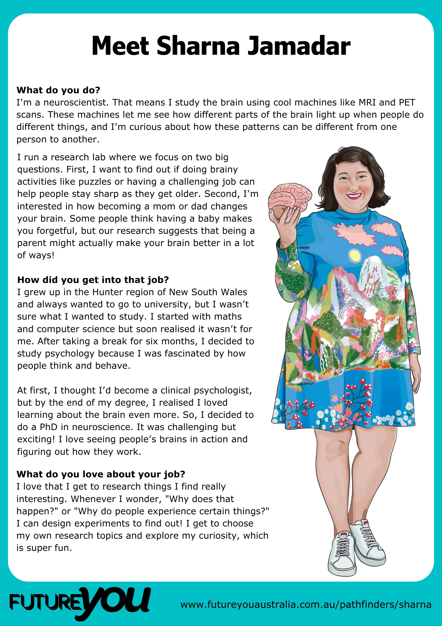 Part 1 of some text titled "Meet Sharna Jamadar". The text details how Sharna became a neuroscientist and what she loves about it.