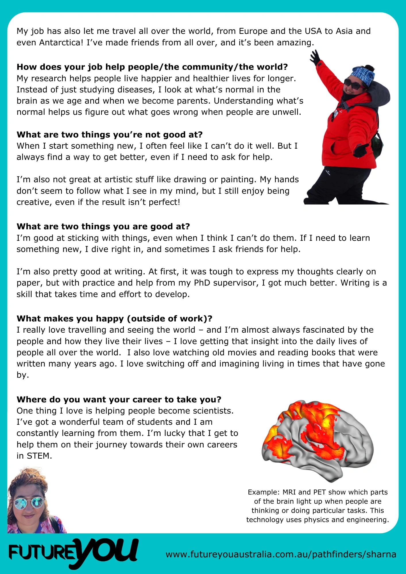 Meet Sharna text part 2. The text details how Sharna's job helps the world and society, what she's good at and not good at and what makes her happy outside of work.