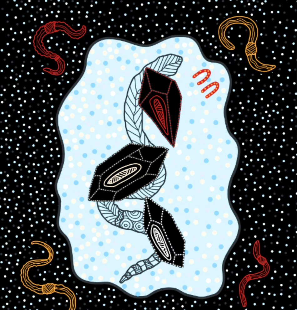 Proof main A black background with white specs has 4 worms in each corner. In the middle is a spotty blueish splodge with some black shapes inside.