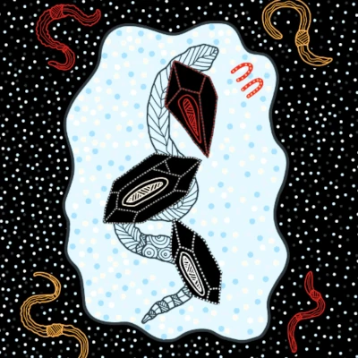 A black background with white specs has 4 worms in each corner. In the middle is a spotty blueish splodge with some black shapes inside.