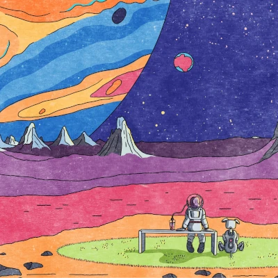 Two figures are sat on a bench on a rocky-like surface with green, orange, red and purple layers. There's a colourful moon in the background.