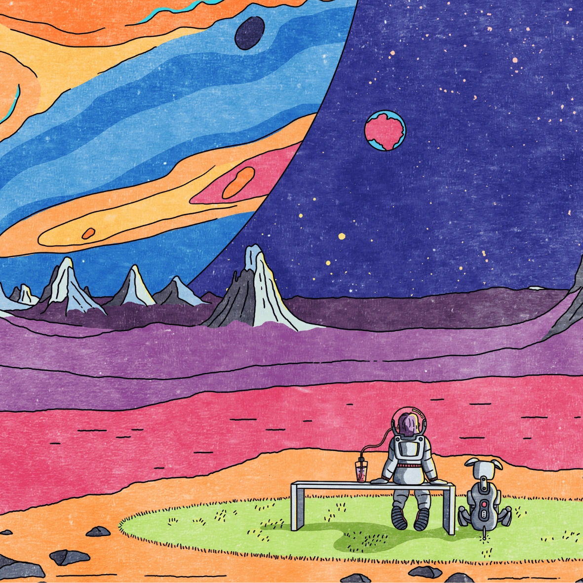 Two figures sit on a bench on a planet's surface. The surface has layers of colours. You can see a coloured planet in the sky.