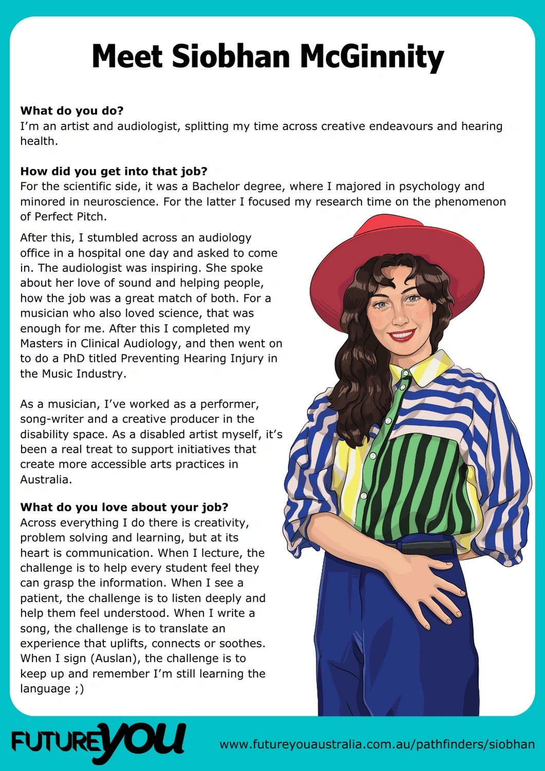 Meet Siobhan Mcginnity Part 1 Text titled "Meet Siobhan Mcginnity". The text explains how Siobhan became an audiologist and what she loves about her job. There's a portrait photo of Siobhan opposite the text.
