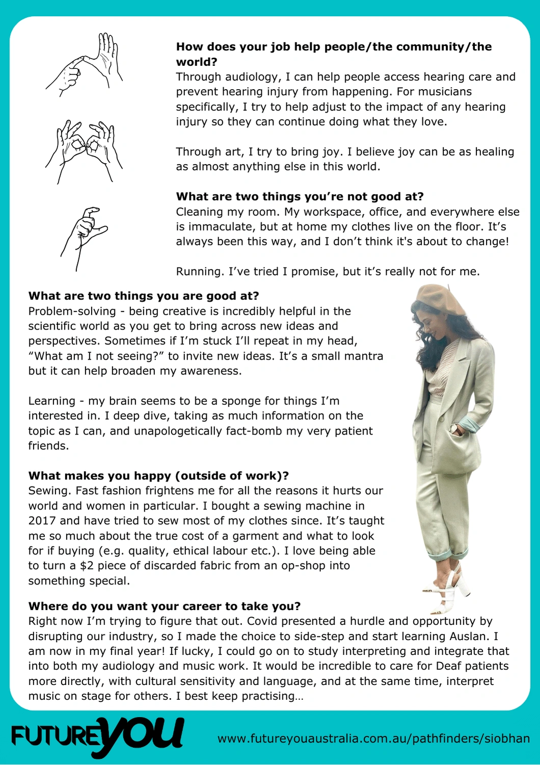 Meet Siobhan Mcginnity part 2 Part 2 of "Meet Siobhan McGinnity". The text is about what's she's good at and not good at, what makes her happy outside of work and what her career ambitions are.