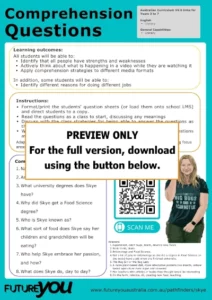 A preview image of a comprehension questions teaching resource for a food scientist. It says PREVIEW ONLY. For the full version, download using the button below.