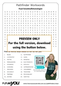 A preview image of a word-search classroom activity for a food scientist/entomologist. It says PREVIEW ONLY. For the full version, download using the button below.